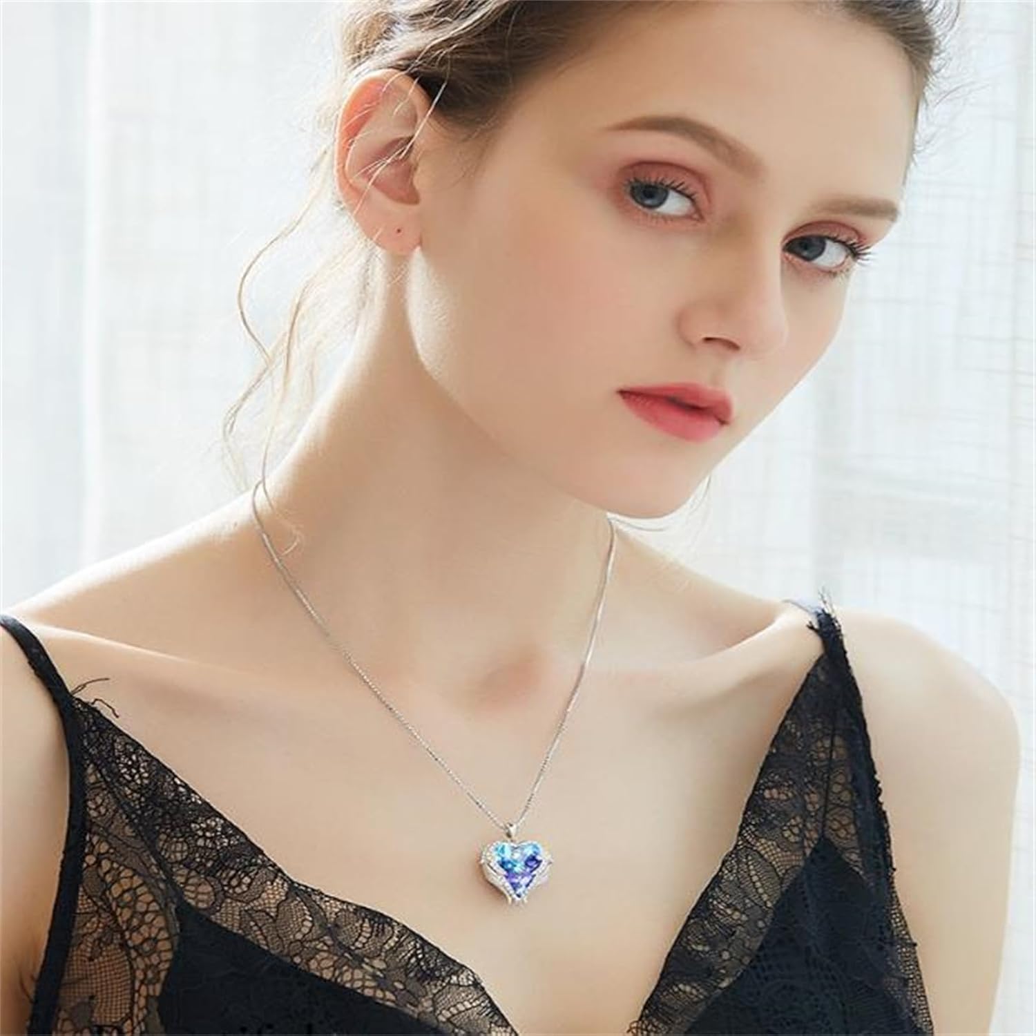 MALOYANVE Love Heart Necklace Elegant Colorful Gold Silver Black Rhinestone Crystal Angle Wing Heart Lucky Infinity Love Pendant Necklace Anniversary Valentines Day Jewelry Gifts for Women - Image 2