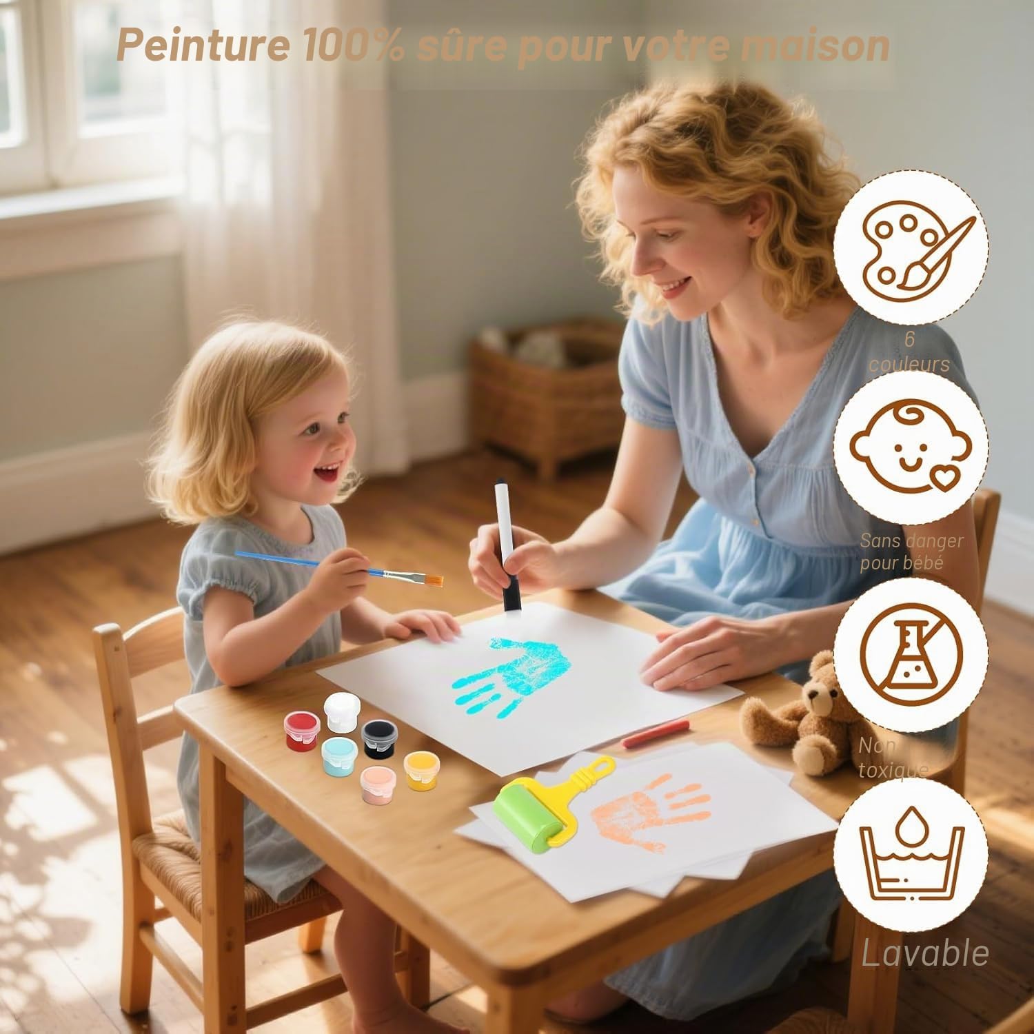 Kit d'Empreintes de Mains Familiales avec Cadre en Bois, 4 Empreintes, 6 Couleurs de Pigments, pour Bébé