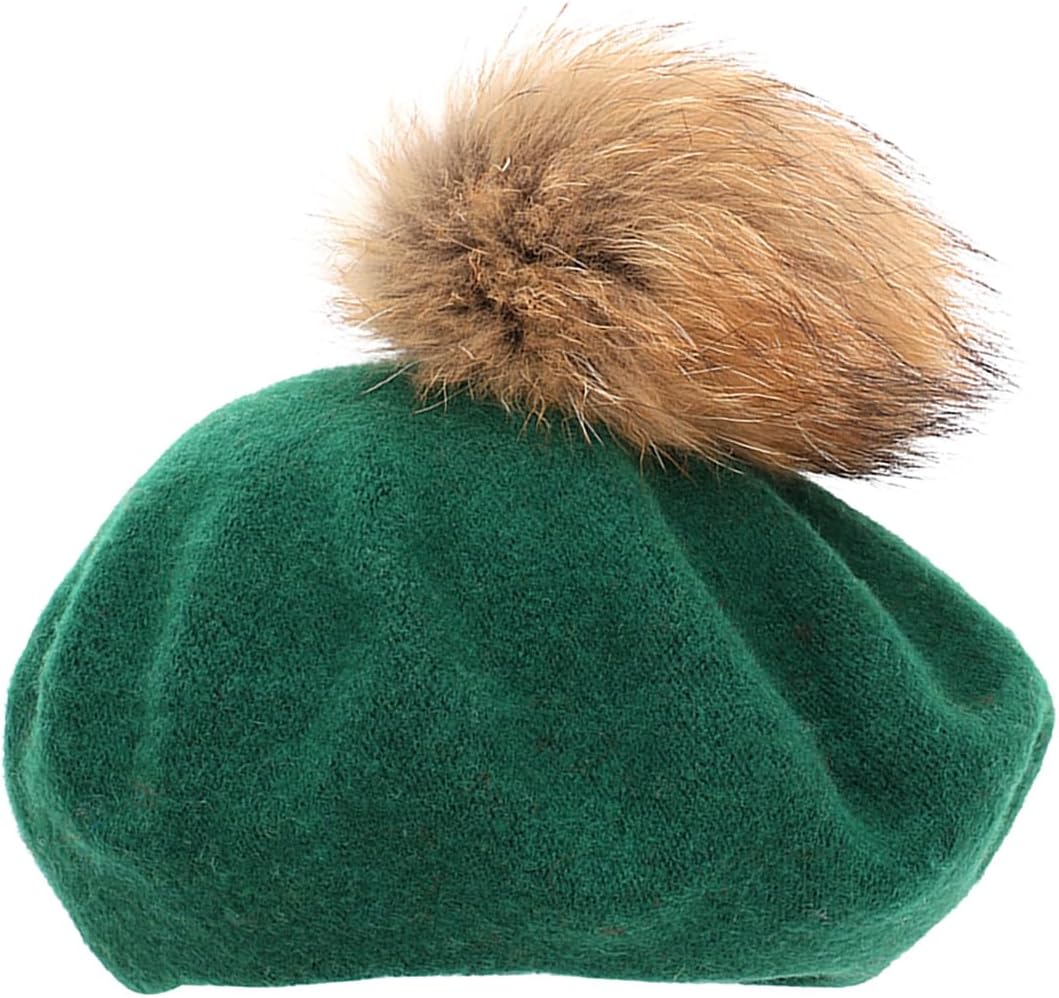 Pompom Berets for Girls Women, Winter Warm Thick Wool Beret Hat, Pumpkin Artist French Hat with Furry Ball