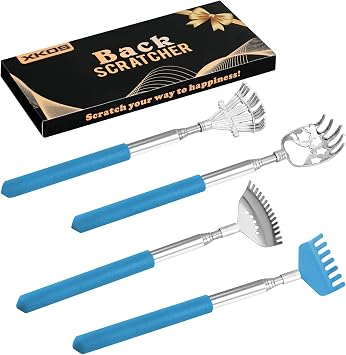 XKOS 4 Pack Different Back Scratcher Portable Telescoping with Rubber Handles, Extendable Metal Back Massager Tool with Beautiful Box, Stocking Stuffers for Men Women Adults Blue