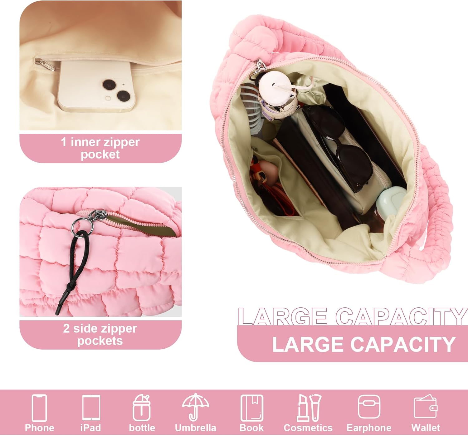 Quilted Puffer Tote Bag Purse Puffy Crossbody Shoulder Bag,Lightweight Nylon Hobo Bag Puffer Carryall Bag for Women Girl - Image 4