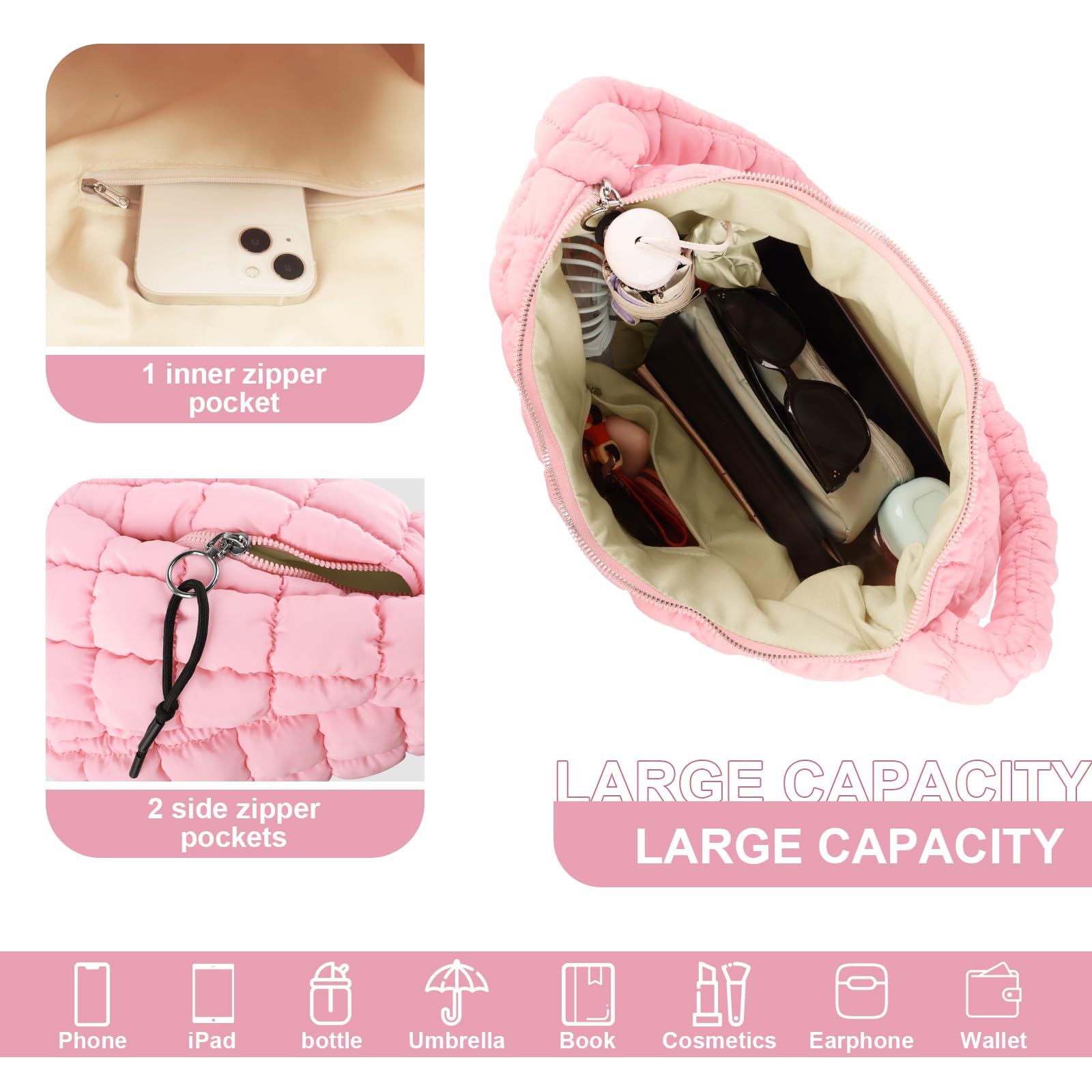Bolso de mano acolchado tipo hobo de nailon ligero para mujeres y niñas