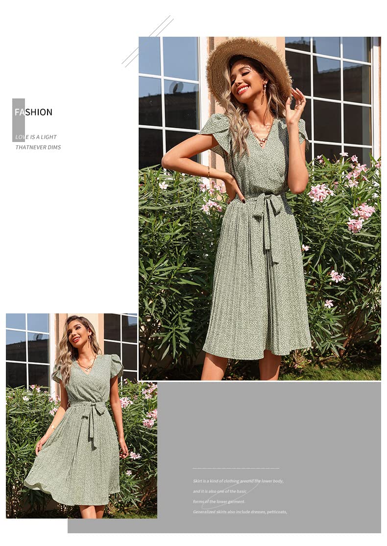 Abito Vestito con Scollo A V Pieghettato Stampato Verde Stampato Verde