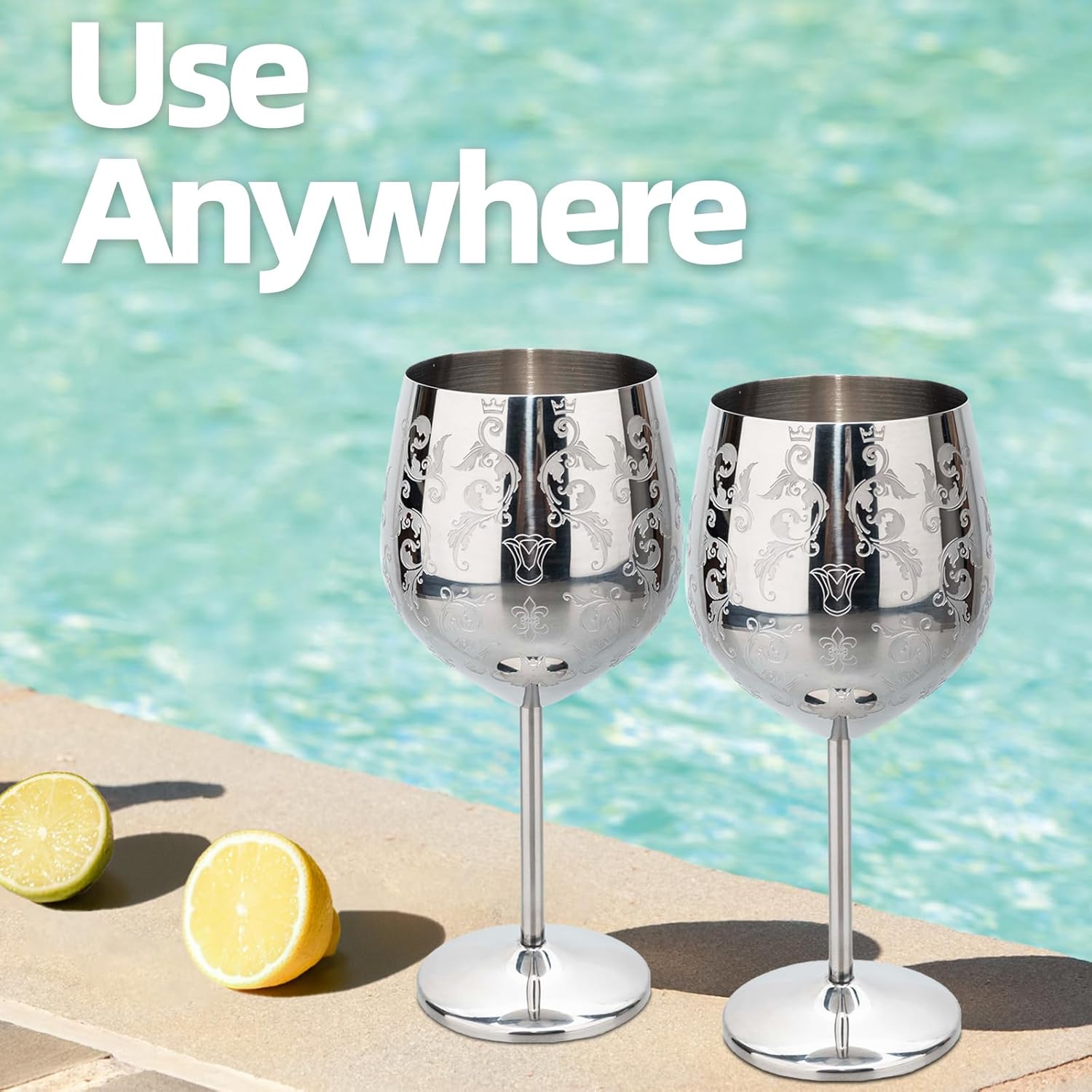 MeowvCraft Wine Glasses Stainless Steel Set of 2, 17oz Silver Etched Goblets with Intricate Baroque Engravings, Royal Style Lightweight Shatterproof Wine Cups Gift for Home, Restaurant, Bar, Outdoor