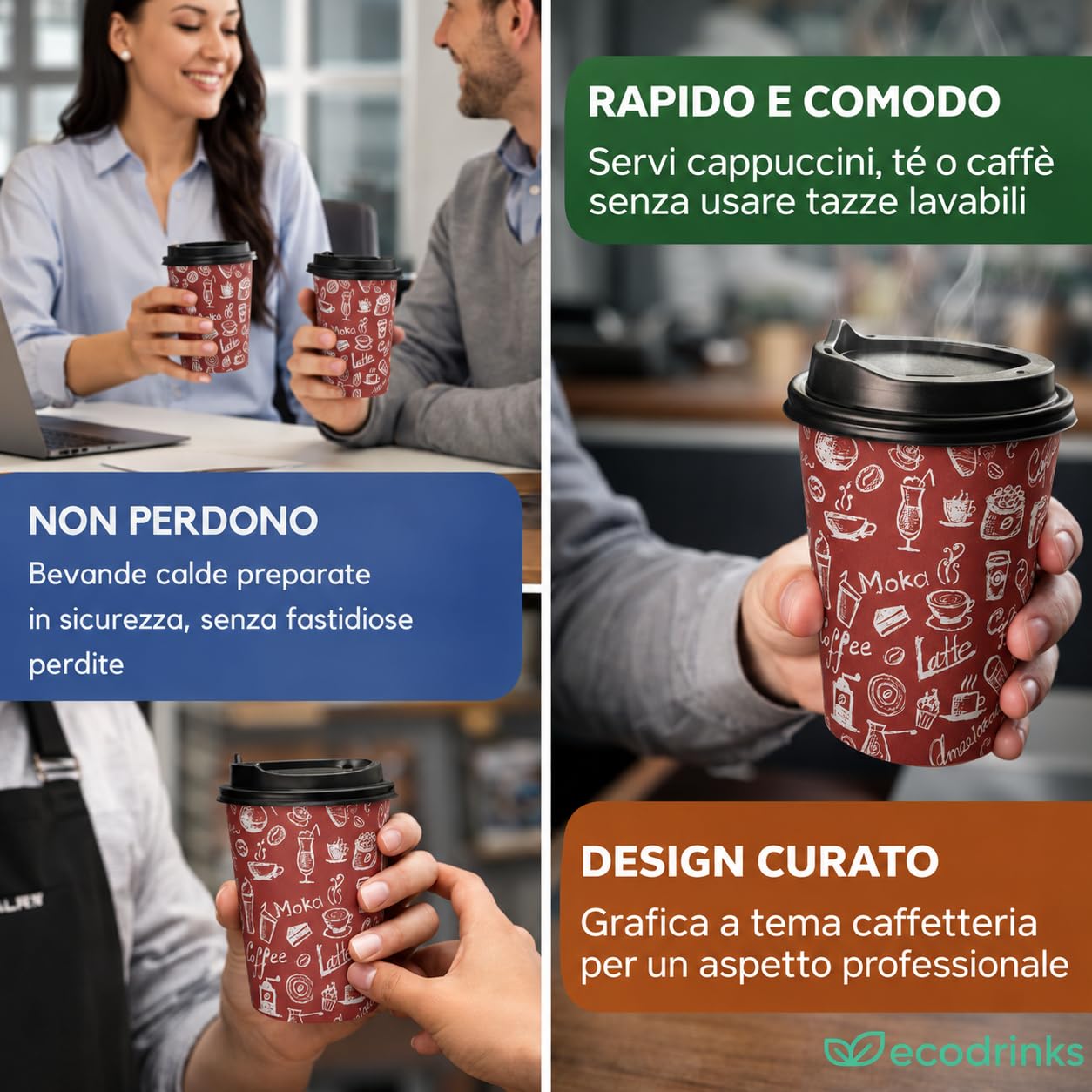 200 Bicchieri di Carta con Coperchio da 240ml - Ideali per Cappuccino, Tè, Caffè - Biodegradabile e Resistenti - Per Bar, Ufficio e Asporto - Design Elegante