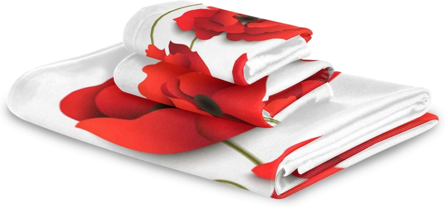 Naanle 3-Piece Towel Set,Pretty Red Poppy Flower Bath Towel Sets, 1 Bath Towel, 1 Hand Towel, 1 Washcloth, Poppy Paper Design Floral Print Absorbent Soft Towels Quick Drying for Bathroom