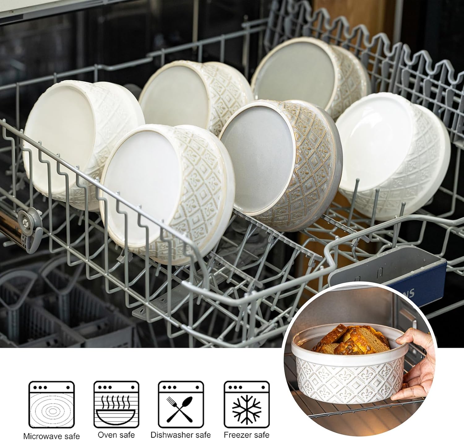 Large Mixing Bowls with Airtight Lids, Classic White Porcelain Embossed Nesting Salad Bowls for Baking and Cooking, 12/16/28/40oz Serving Bowls Set of 4, Oven and Dishwasher Safe, Thanksgiving Gift - Image 9