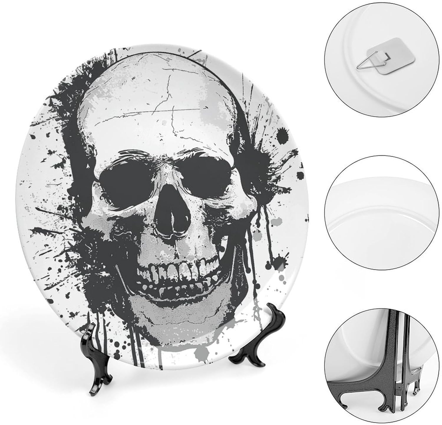 Simple Skull Graphic Ceramic Plate 10inch Decorative Bone China Wall Hanging Ornament Plates Bohemian Style Dinner Plate with Display Stand Cabinet Display Plates for Home Art Decor