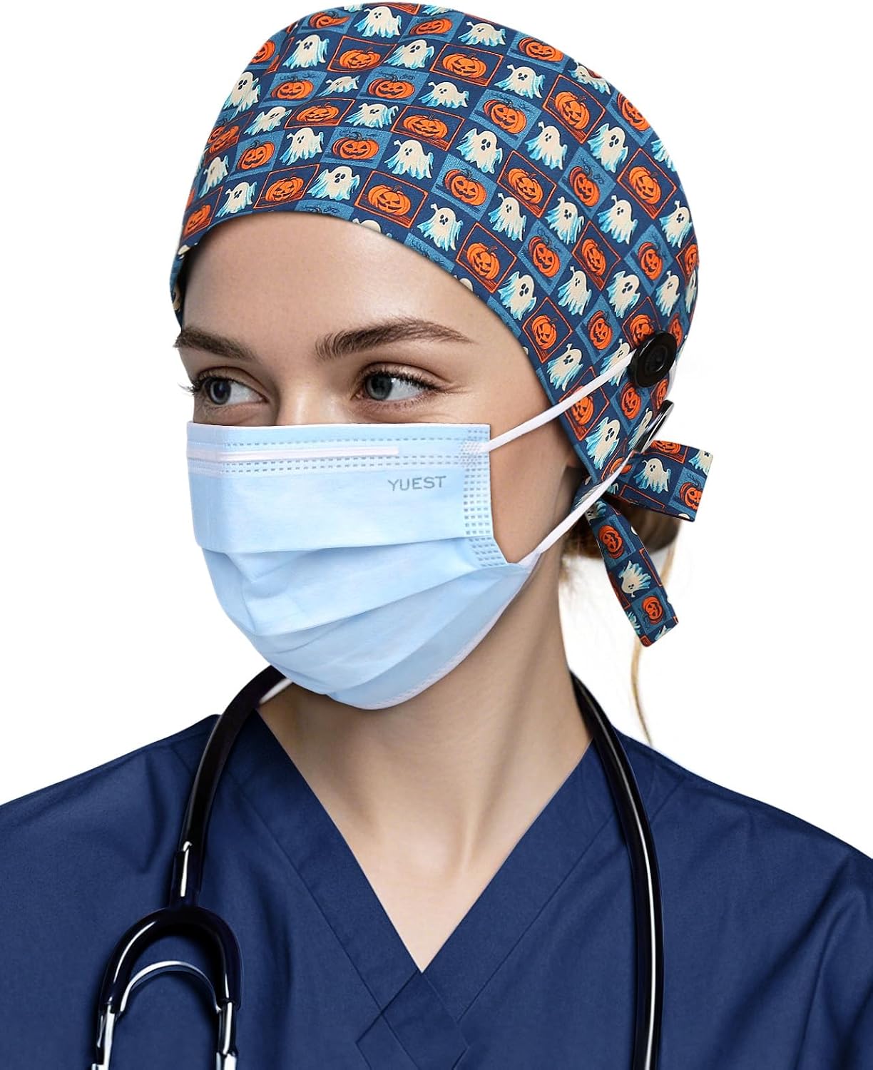 Satin Lined Scrub Cap with Buttons & Sweathand, Unisex Tie-Back Surgical Cap