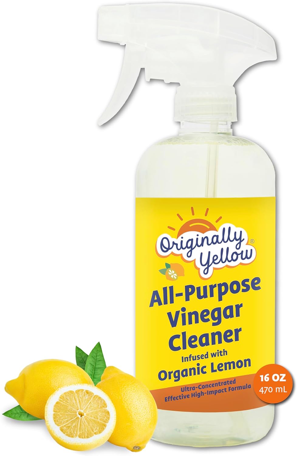 Originally Yellow Lemon Vinegar All Purpose Cleaning Spray | Distilled Cleaning Vinegar | Plant-Derived All Purpose Cleaner | Living Room, Bathroom, & Kitchen | 16 Oz