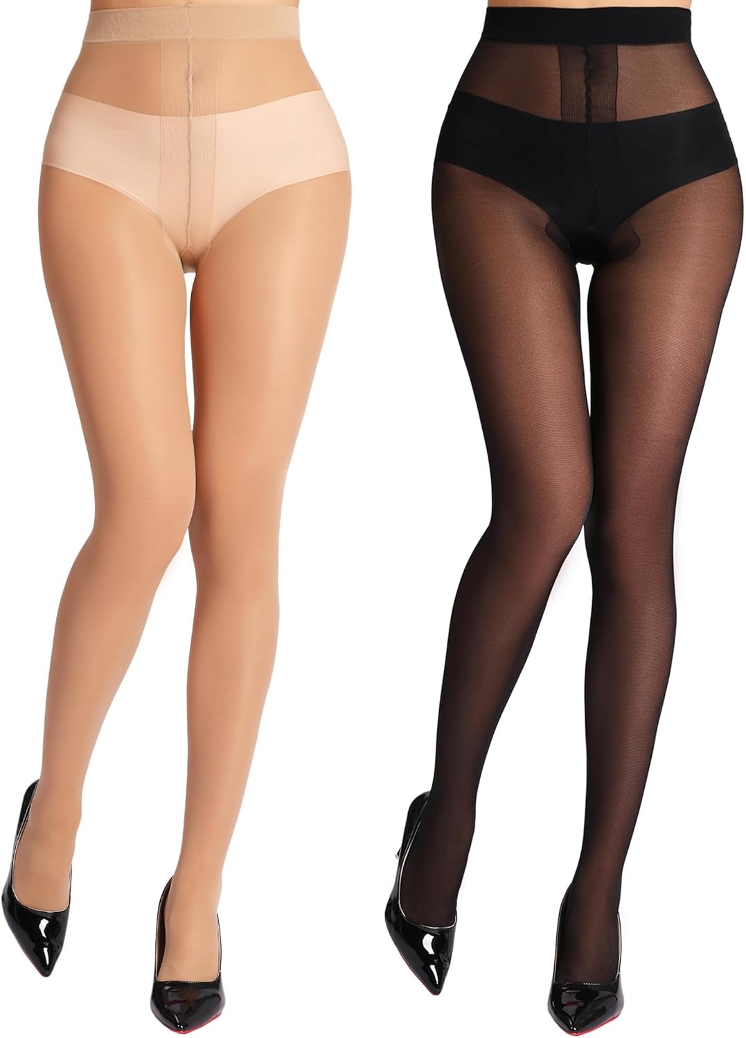 MERYLURE Sheer Black Tights for Women T-Crotch 20D Ultra Thin Pantyhose High Waist Stockings Reinforced Toes 2 Pairs