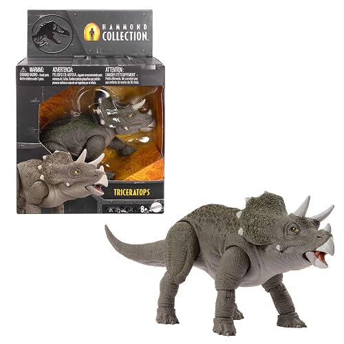 Jurassic World Collection Hammond Tricératops Figurine articulée de jeune dinosaure, conception haut de gamme fidèle au film, yeux en verre et 14 points d’articulation, JDJ07
