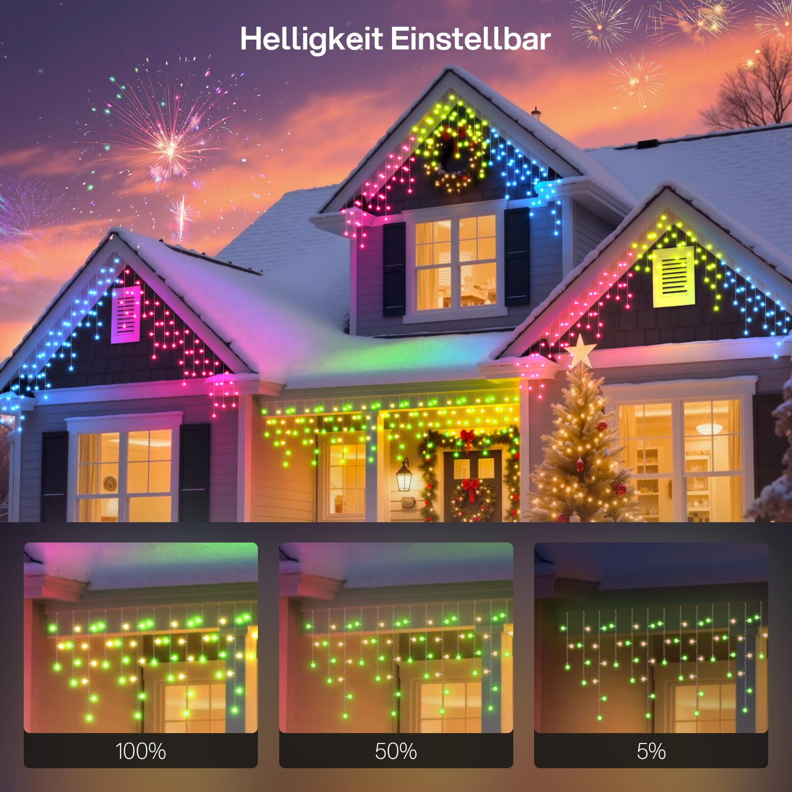 REYLAX 20M 598 LED Eisregen Lichterkette, RGB Color Chaning Lichterkette Außen, Smart Christmas lights, Intelligente Dynamische Deko, IP65 Wasserfest, Musiksynchronisierung, App Steuerung