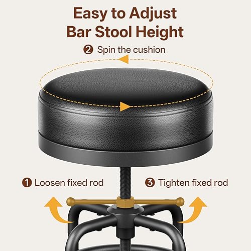 Miniatura 6 de Juego de 2 taburetes de bar giratorios de altura ajustable, 22 a 29 pulgadas, taburetes industriales de altura de barra vintage con asientos de