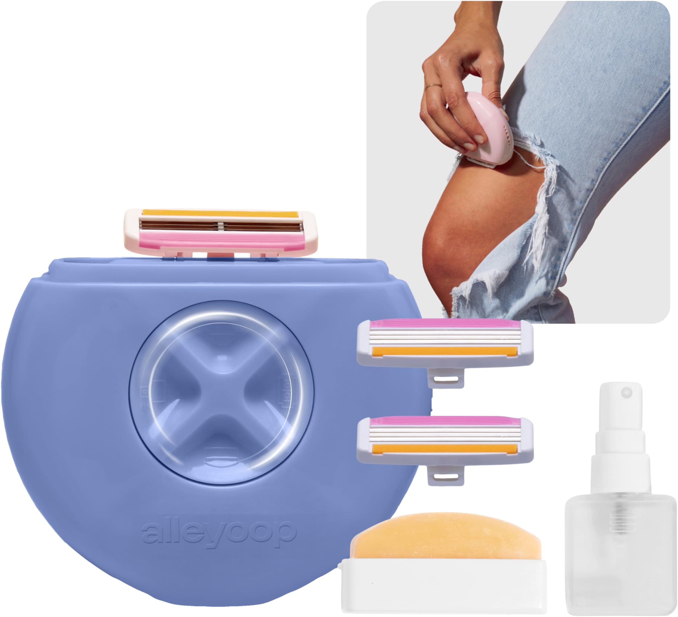 Portable Travel Razors For Women - Perfect For Touch Ups On-The-Go - Includes Refillable Blades, MoisturizingโฏBar & Water Spray Bottle - Safe For All/Sensitive Skin Types (Periwinkle)