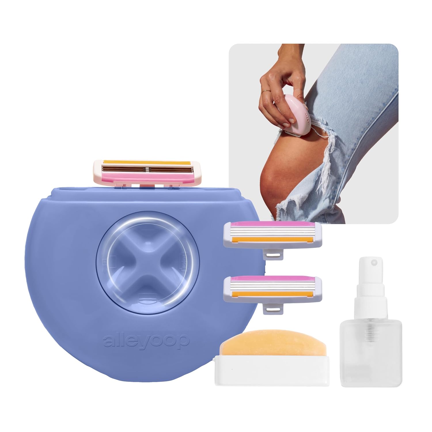 Alleyoop Portable Travel Razors For Women - Perfect For Touch Ups On-The-Go - Includes Refillable Blades, Moisturizing Bar & Water Spray Bottle - Safe For All/Sensitive Skin Types (Periwinkle)