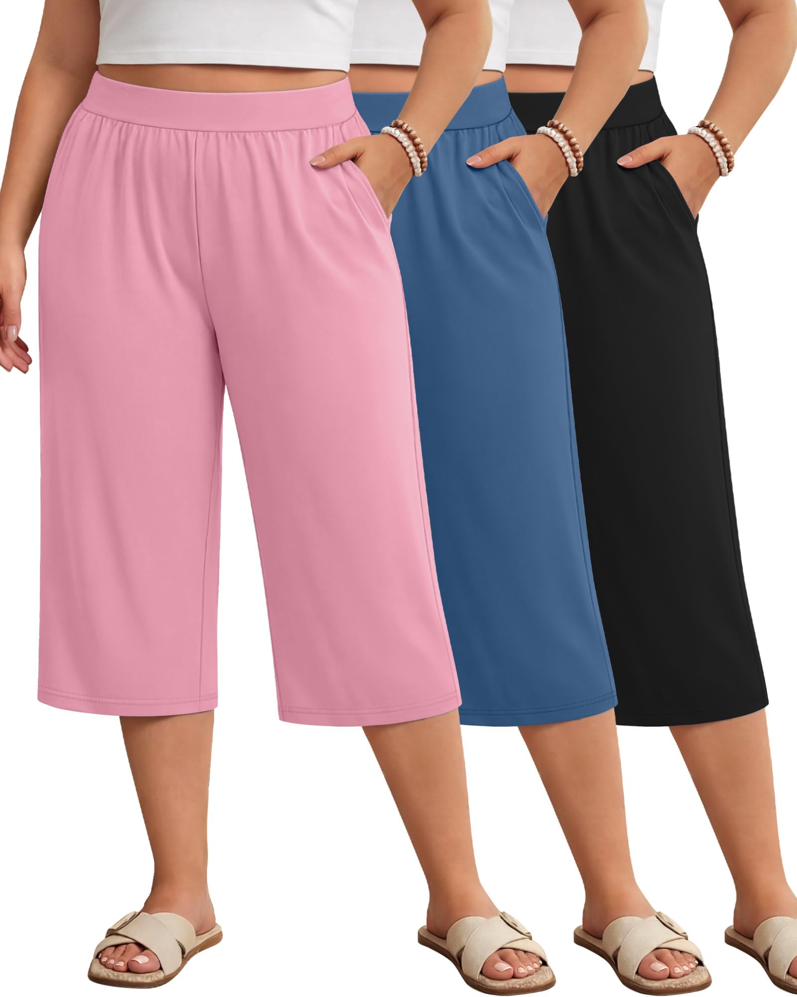 Huukeay 3 Pack Women's Plus Size Capri Pants Loose Fit Wide Leg Capris Sweatpants Summer High Waisted Yoga Pants with Pockets