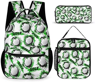 Golf Backpack with Lunch Box & Pencil Case, 16 Inch Cool Golf Themed Bookbag, Adjustable Durable Lightweight Large Capacity, Colorful Golf Backpack Set for Kids Girls Boys School