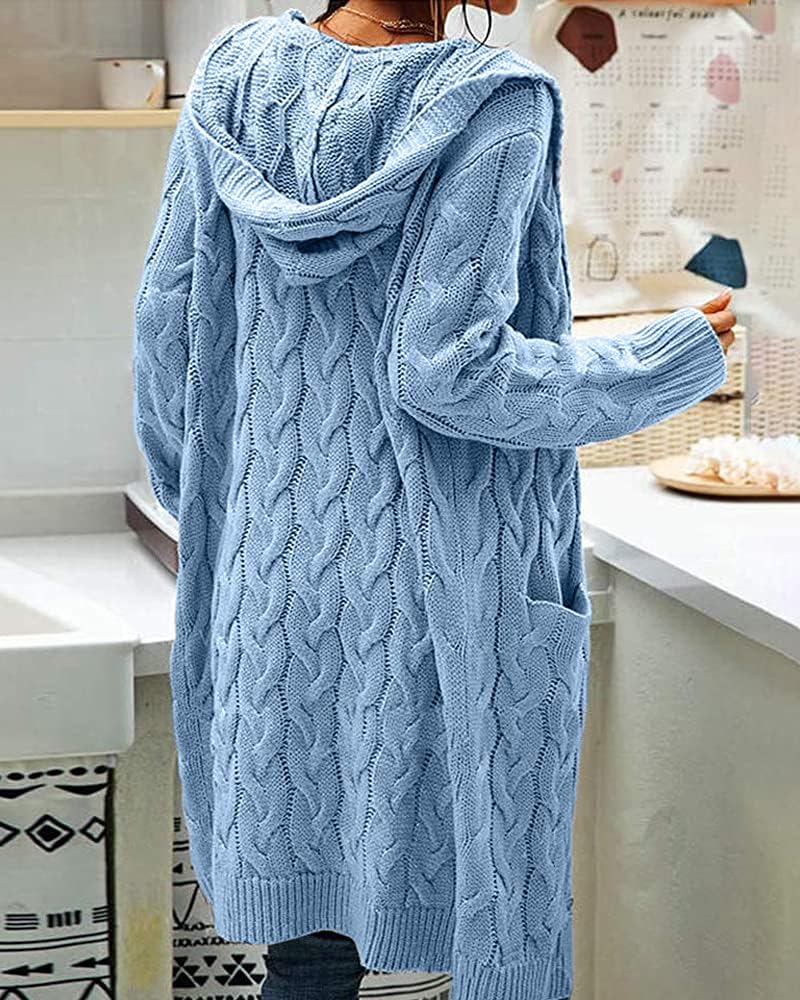 Women Hooded Open Front Cardigan Cable Knit Chunky Long Sweater Coats image 4