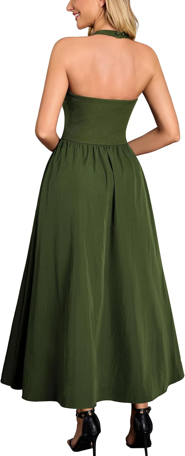 Miusol Women's Sexy Halter Neck Sleeveless V Neck Flowy Maxi Dress Casual Party Long Dress - Image 2