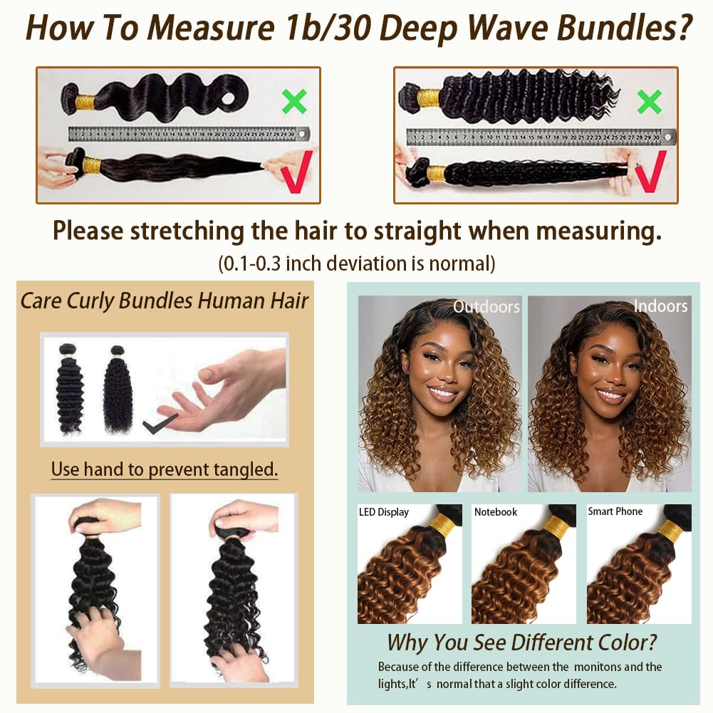 Ombre Deep Wave Bundles con cierre de pelo humano (35,6 cm, 40,6 cm, 45,7 cm, 45,7 cm, 30,5 cm, 30,5 cm, 30,5 cm, 30,5 cm, 30,5 cm, 30,5 cm, 30,5 cm, 30,5 cm, 30,5 cm)