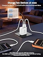 Vista 3 de Cargador rápido USB C de 60 W para iPhone 17/16/15 Pro Max, paquete de 2 bloques de carga de pared PD 3.0 de doble puerto con cable USB C de 6 pies