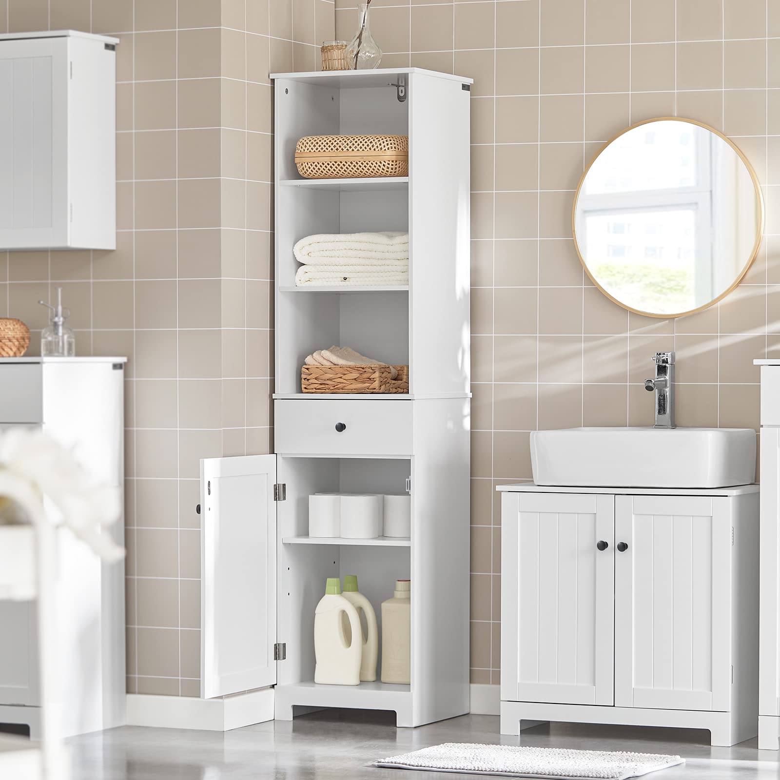 Armoire Salle De Bain étroite 30x30x89 Cm - Étagère Réglable, Blanc, Gain De Place