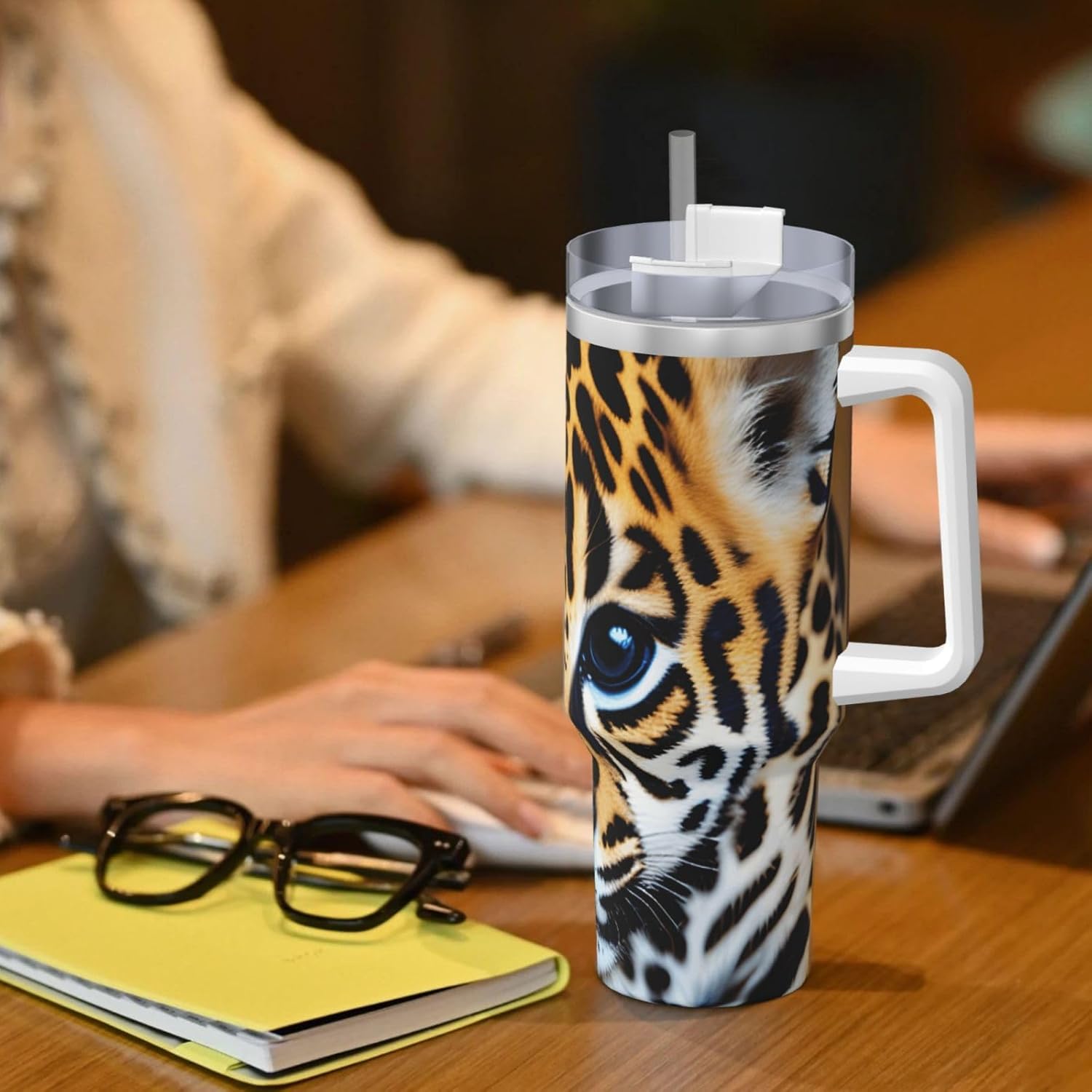40 OZ Cute Baby Jaguar 1 Print Ice Bully Cup with Handle Straw Lid Straw,Stainless Steel Tumbler Coffee Cup