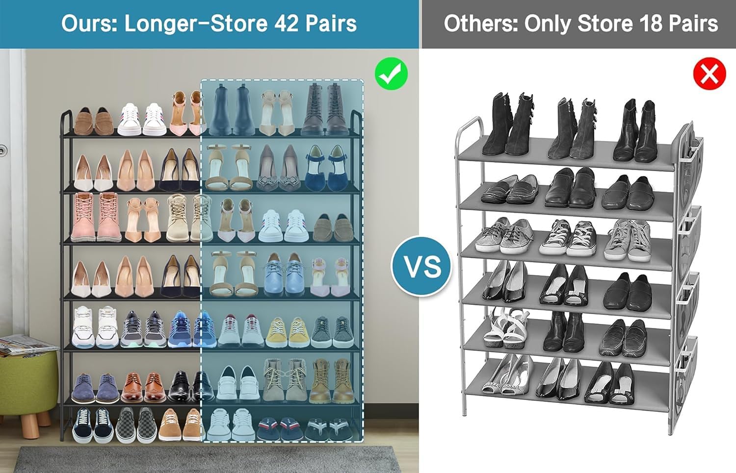 KIMBORA 6 Tier Long Shoe Rack, Wide Shoe Storage Organizer Sturdy Sneaker Shelf for Floor, Bedroom 42 Pairs (Black)