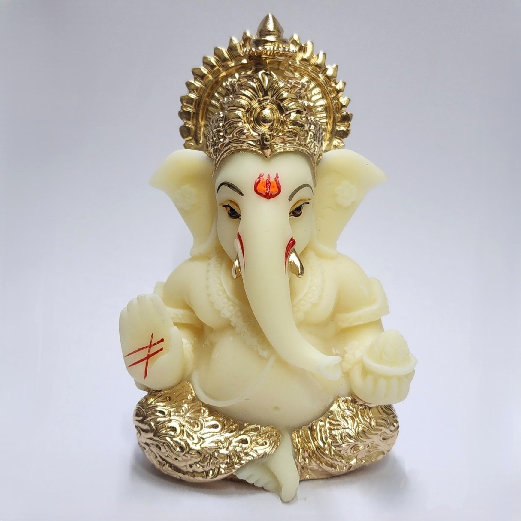 Gold Art India Ganesha Idol Ivory-Gold-Antique for Car Dashboard, Office Desk & Home Decor | Poly-Resin | 3.3 Inch Height | Golden Dhoti & Crown | Return Gift & Puja Decor