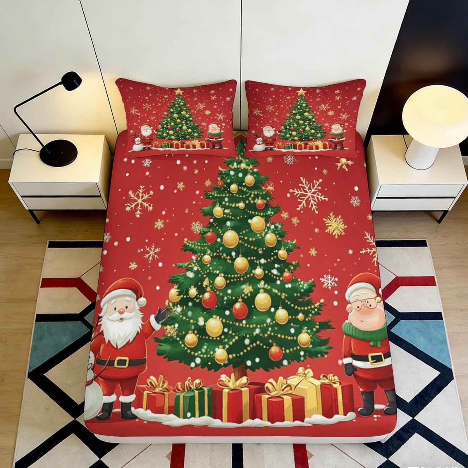 3D Printed Christmas Tree Microfiber Fitted Sheet Deep Pocket Elastic Hem Non-Slip Xmas Mattress Fitted Cover 90x200x25cm
