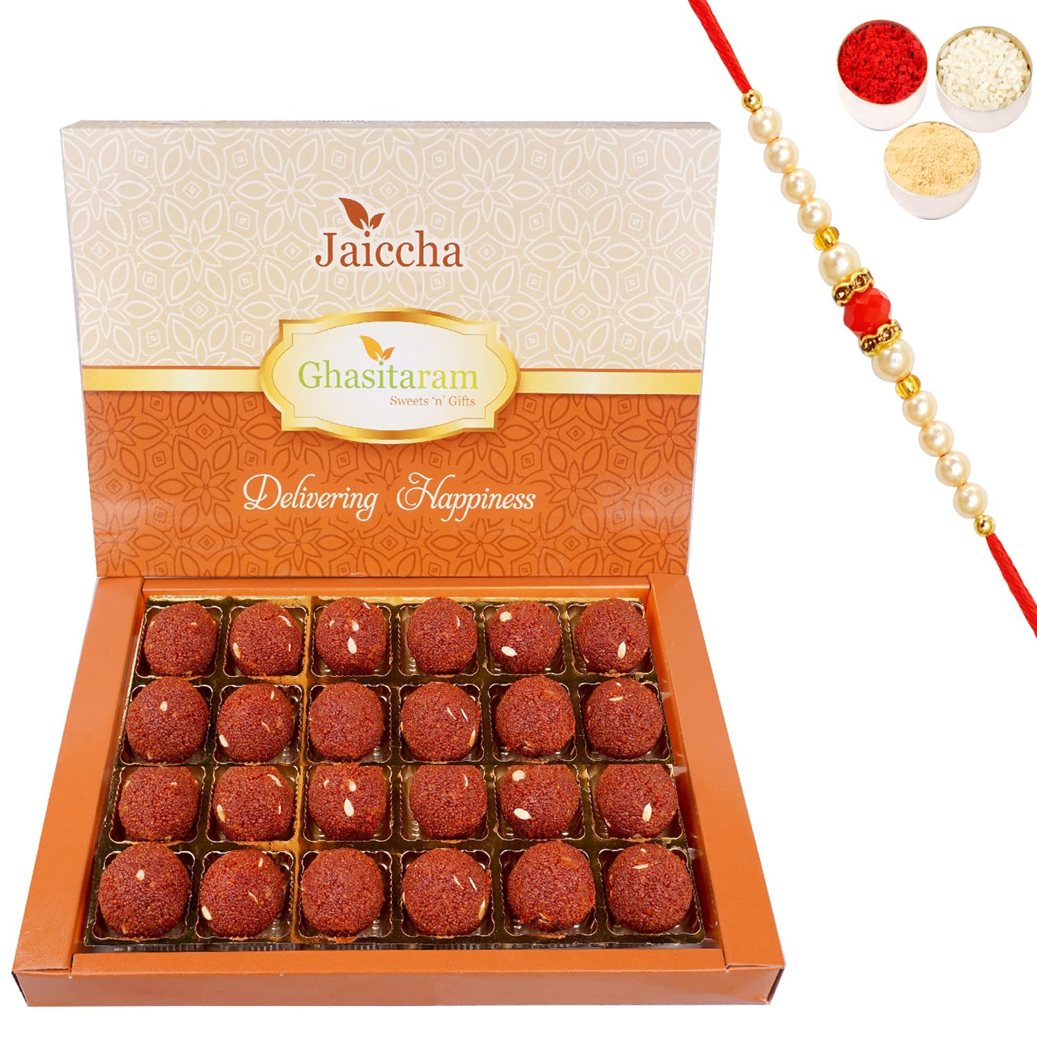 Jaiccha Ghasitaram Rakhi Gifts for Brothers Chocolate Motichoor/Boondi Laddoo 800 GMS with Beads Rakhi