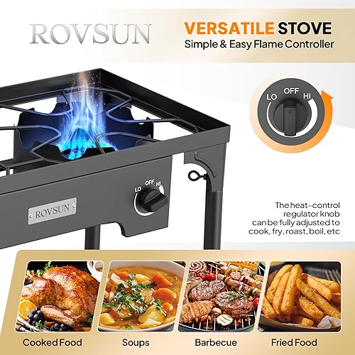 Miniatura 4 de ROVSUN Estufa de gas propano para exteriores de 2 quemadores con panel de viento, bolsa de transporte y regulador, cocina de soporte de 150,000 BTU