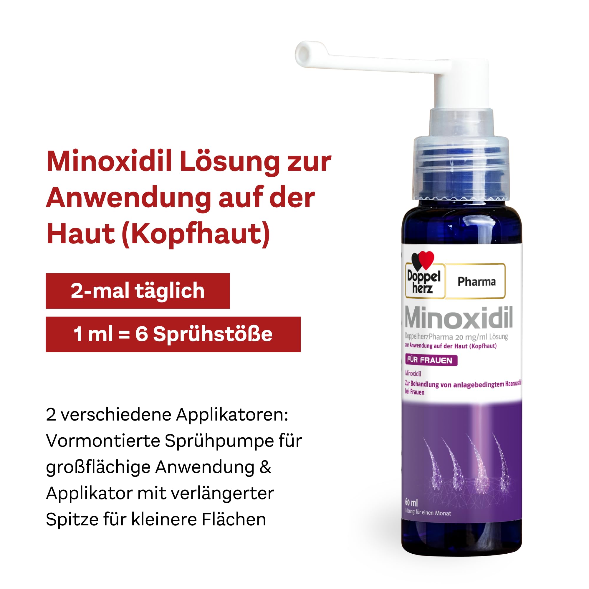 Minoxidil DoppelherzPharma 20mg/ml (2%) Lösung zur Anwendung auf der Haut (Kopfhaut) – Arzneimittel zur Behandlung von anlagebedingtem Haarausfall bei Frauen (2x3x 60ml)