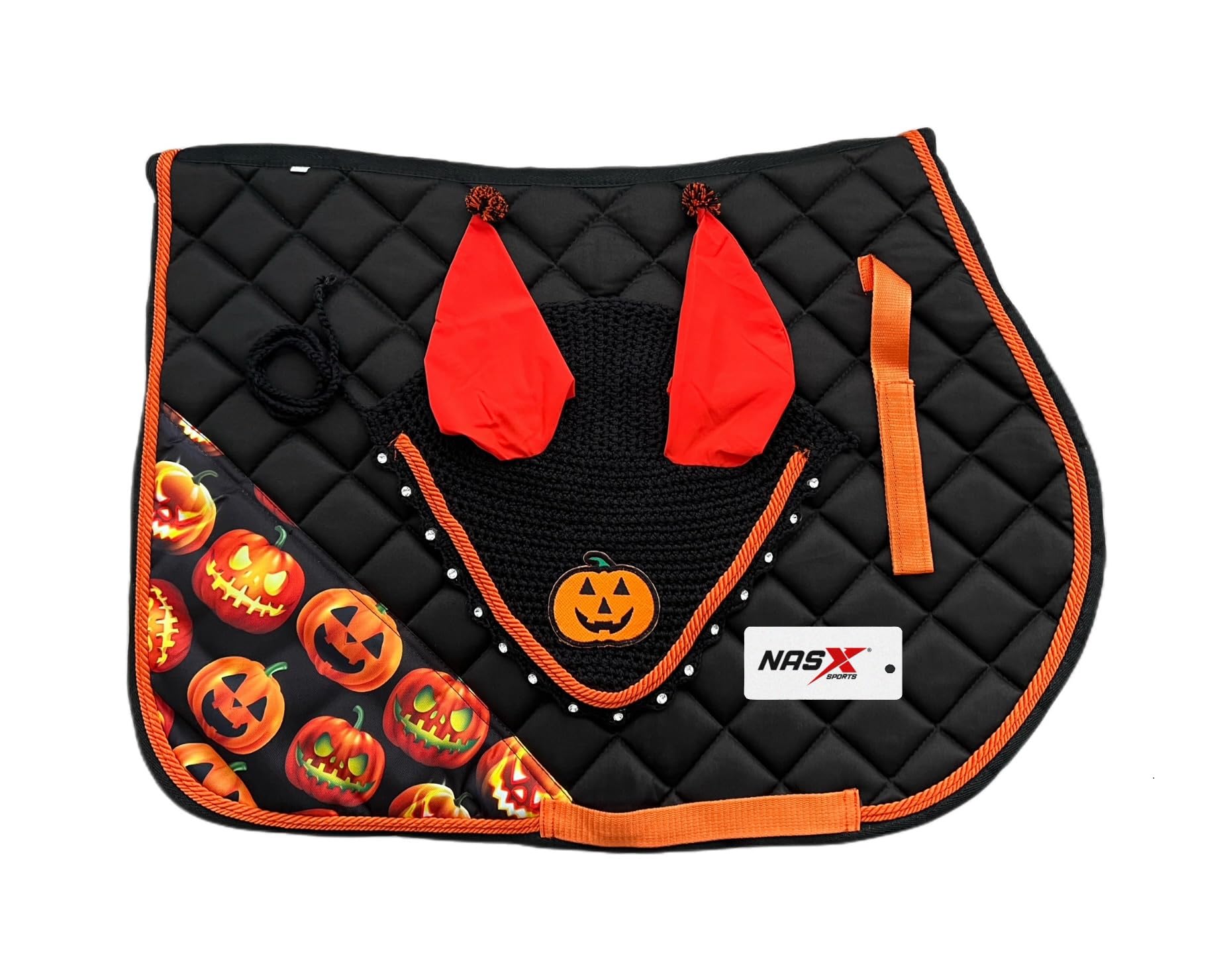 Halloween Saddle Pad with Matching Diamante Set Fly Veil Bonnet Ear bonnet Padded Numnah Pumpkins (PONY)