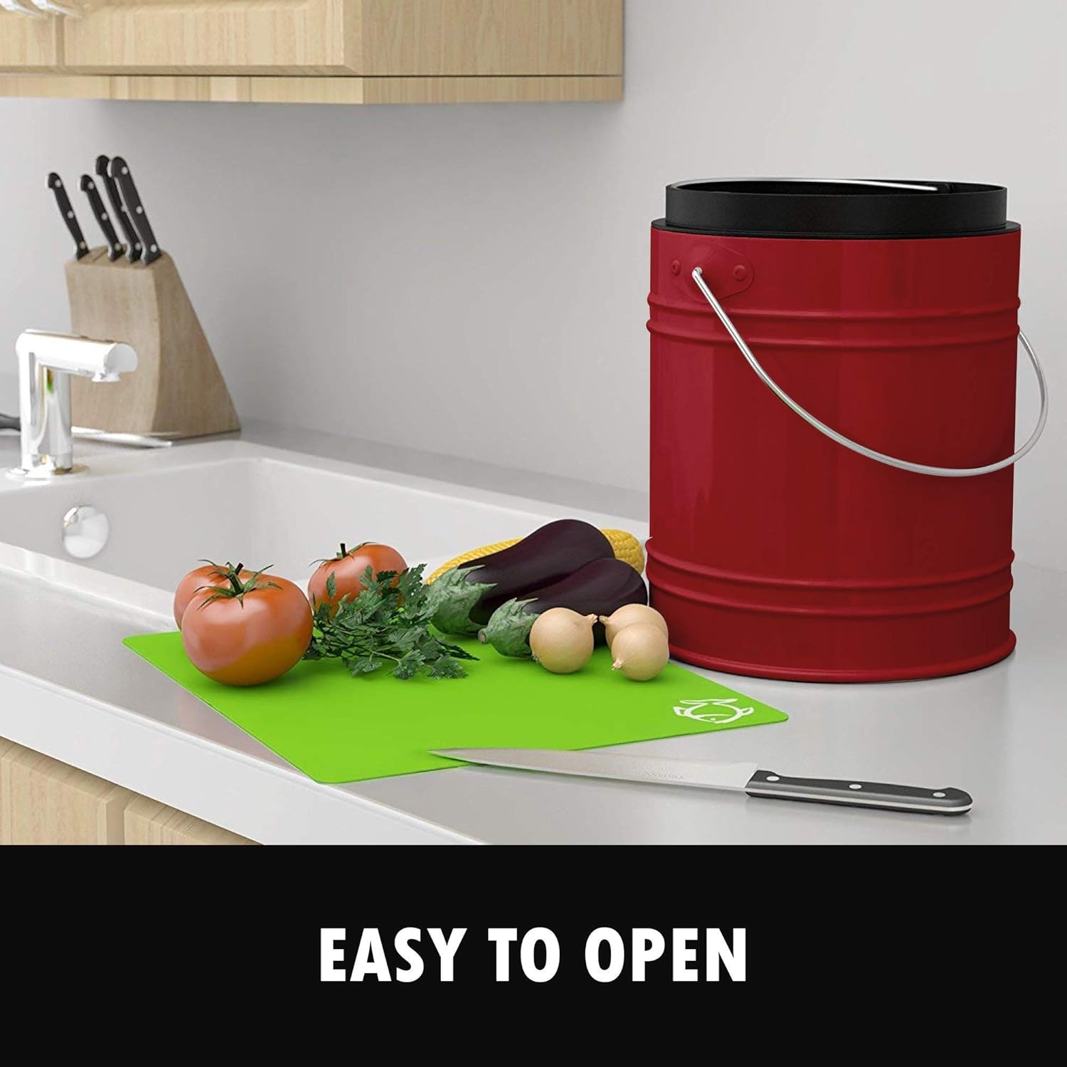 Oversized 1.3 Gallon Kitchen Compost Bin with EZ-No Lock Lid, Plastic Liner & Charcoal Filters in White & Black - Sturdy Construction & Odor-Free Seal w/Dishwasher Safe Bucket: Kitchen & Dining