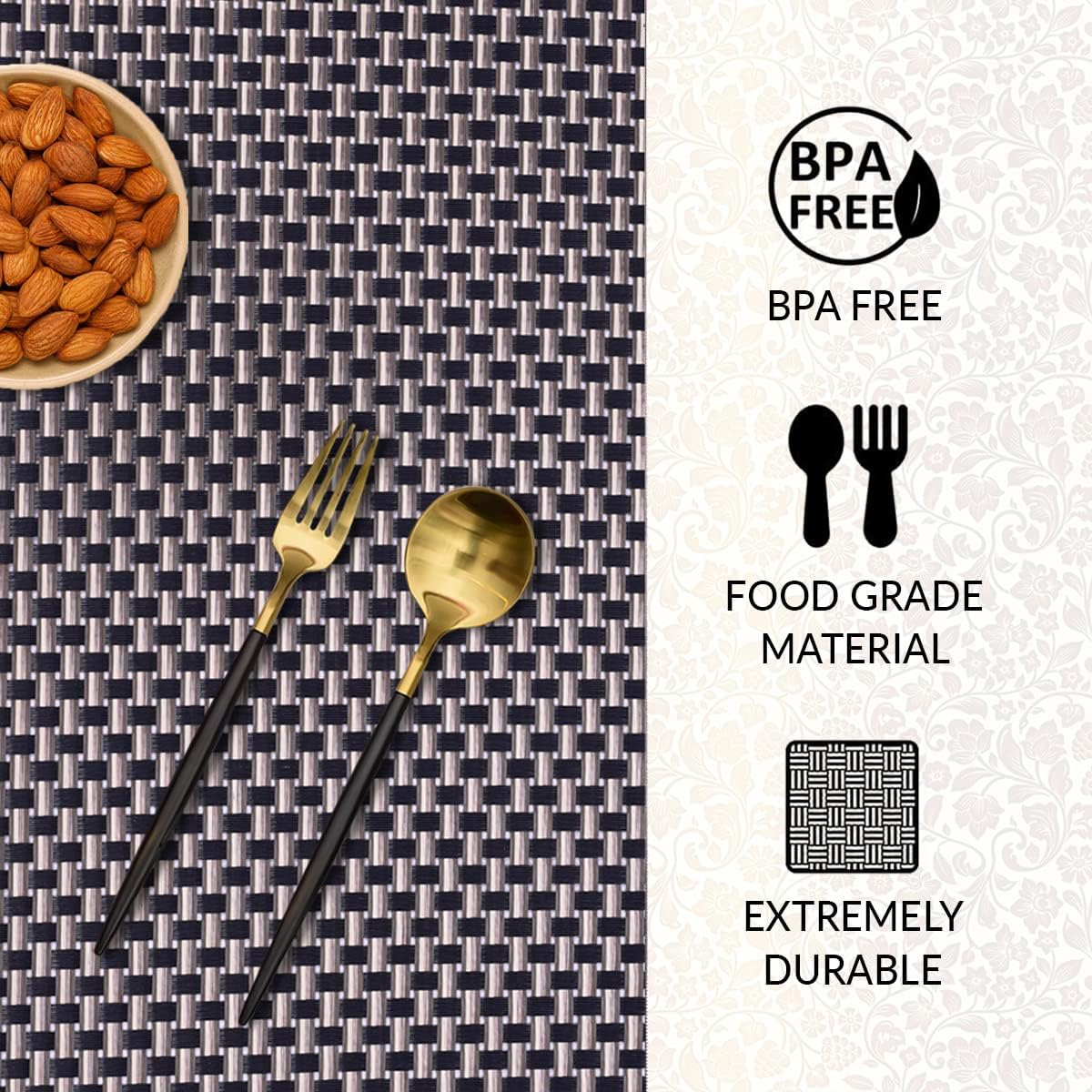 Decozen Placemats Set of 18 Vinyl Placemats Table Protector for Kitchen Decor Home Decor, Scratch & Heat Resistant Place mats Washable Wipeable Table Mats for Indoor Outdoor Use 18x12 Inch Black Gold
