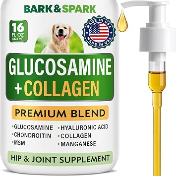 Liquid Collagen for Dogs w/Glucosamine 16 OZ Advanced Mobility Joint Supplement for Dogs - Advanced Formula w/Chondroitin, MSM - Hip & Joint + Skin & Coat Care - Made in USA