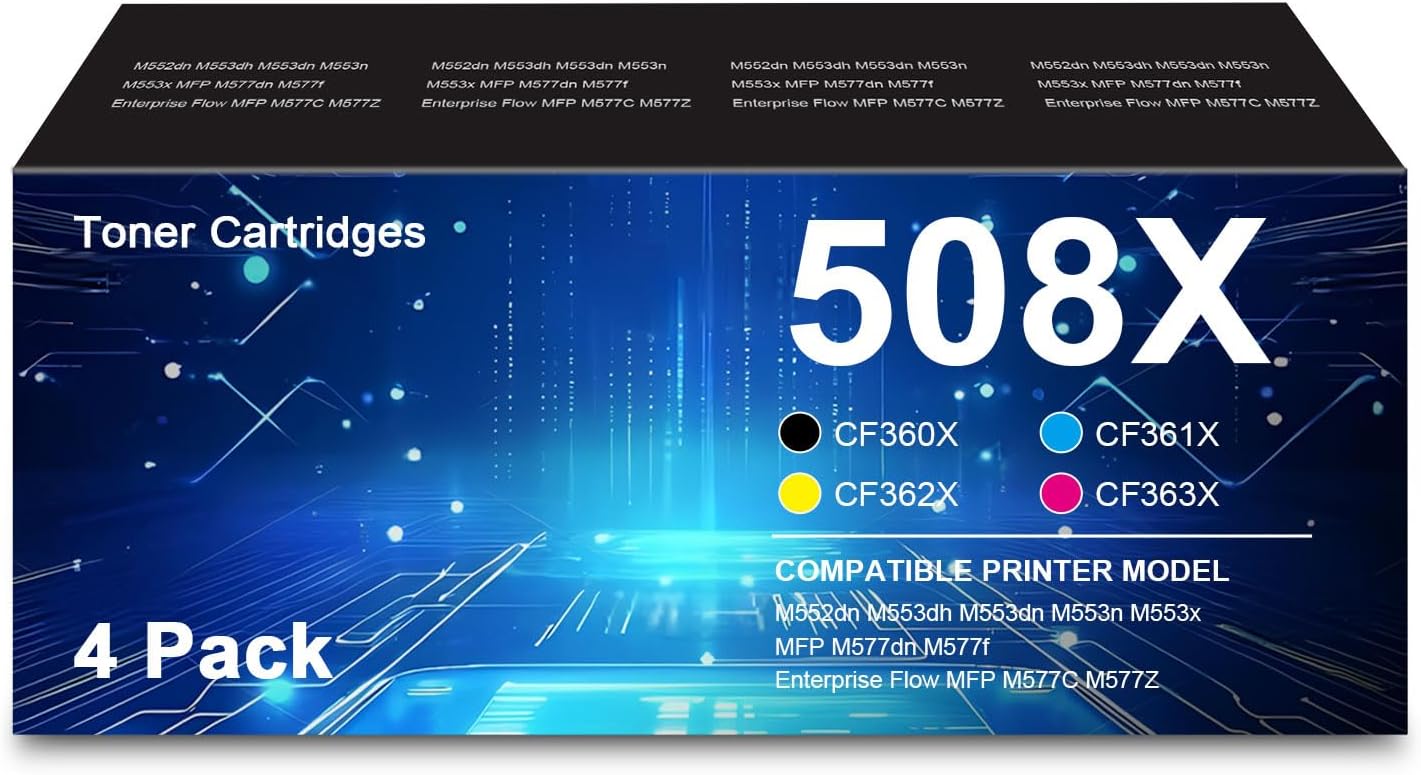 Remanufactured 508X Toner Cartridges 508A CF360X CF361X CF362X CF363X Replacement for HP Color Enterprise M553 M552 Color MFP M577 Printer ( Black Cyan Yellow Magenta, 4 Pack )