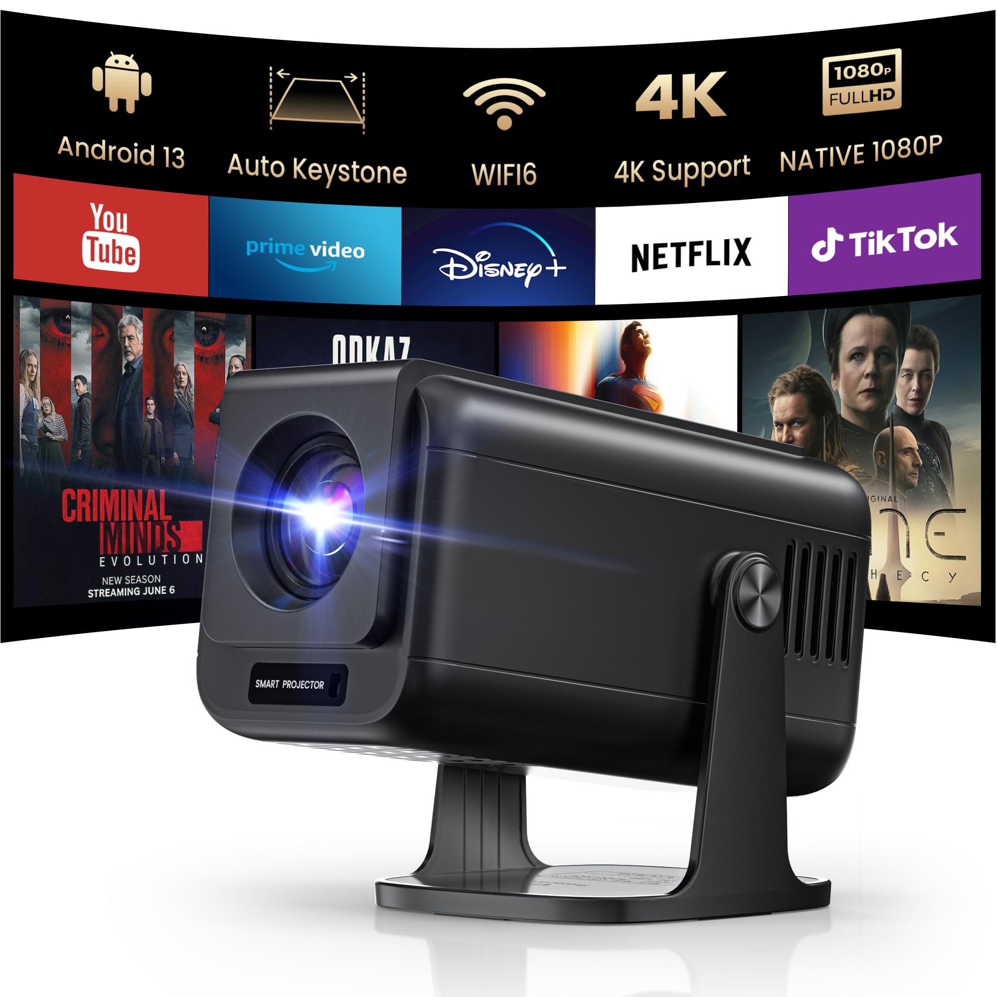 Vidéoprojecteur Mini 4K WiFi 6 Bluetooth 5.2 - Autofocus, Android 13, 200 Lumens ANSI, Pour Cinéma Maison Et Extérieur