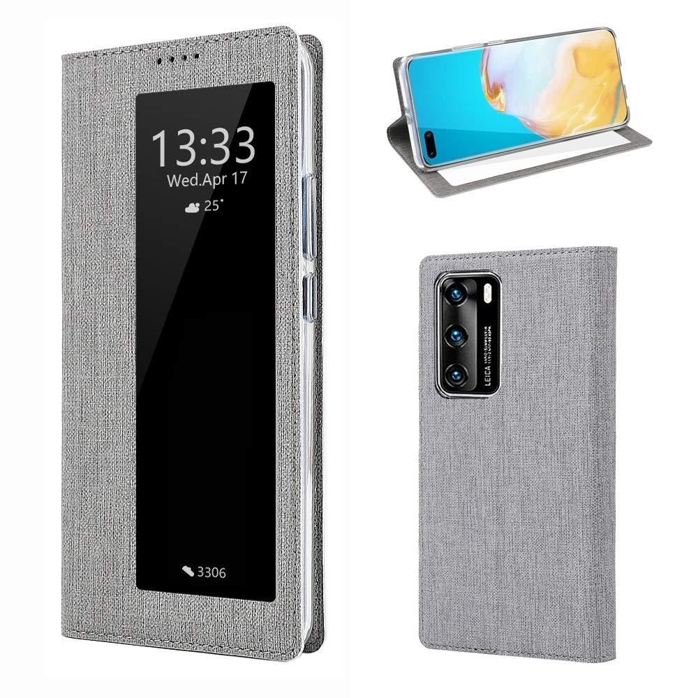 SHIHUI Phone Cases For Huawei P40 DMX-54 Shockproof TPU + PU Leather View Window Magnetic Attraction Horizontal Flip Protective Case with Card Slots & Holder & Sleep/Wake-up (Color : Grey)