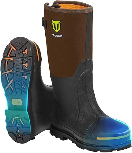 TideWe Botas de trabajo de goma para hombres con punta de acero y vástago, botas de caza antideslizantes impermeables, botas de caza de neopreno de
