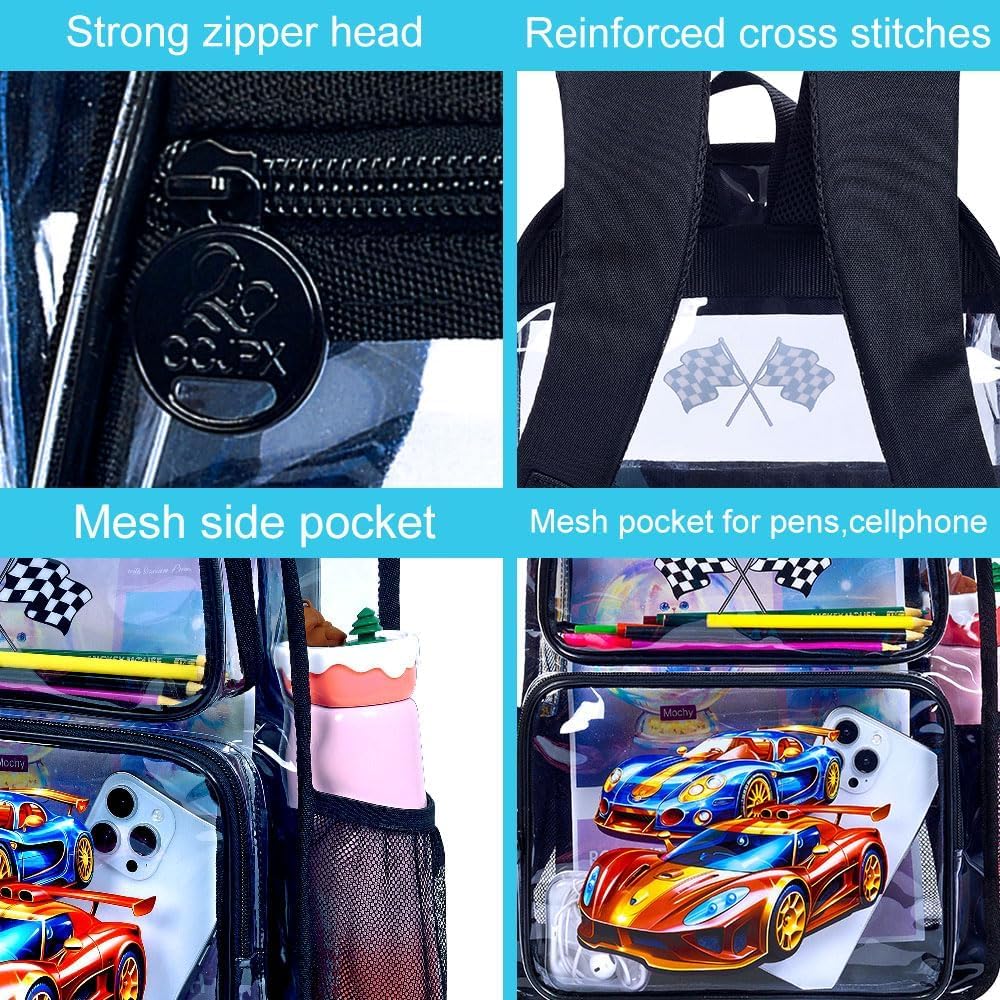 3PCS Kids Clear Backpack Heavy Duty, Cute Transparent Bookbag with Lunch Box for Boys, Black See Through School Bag - Race Car - Image 5