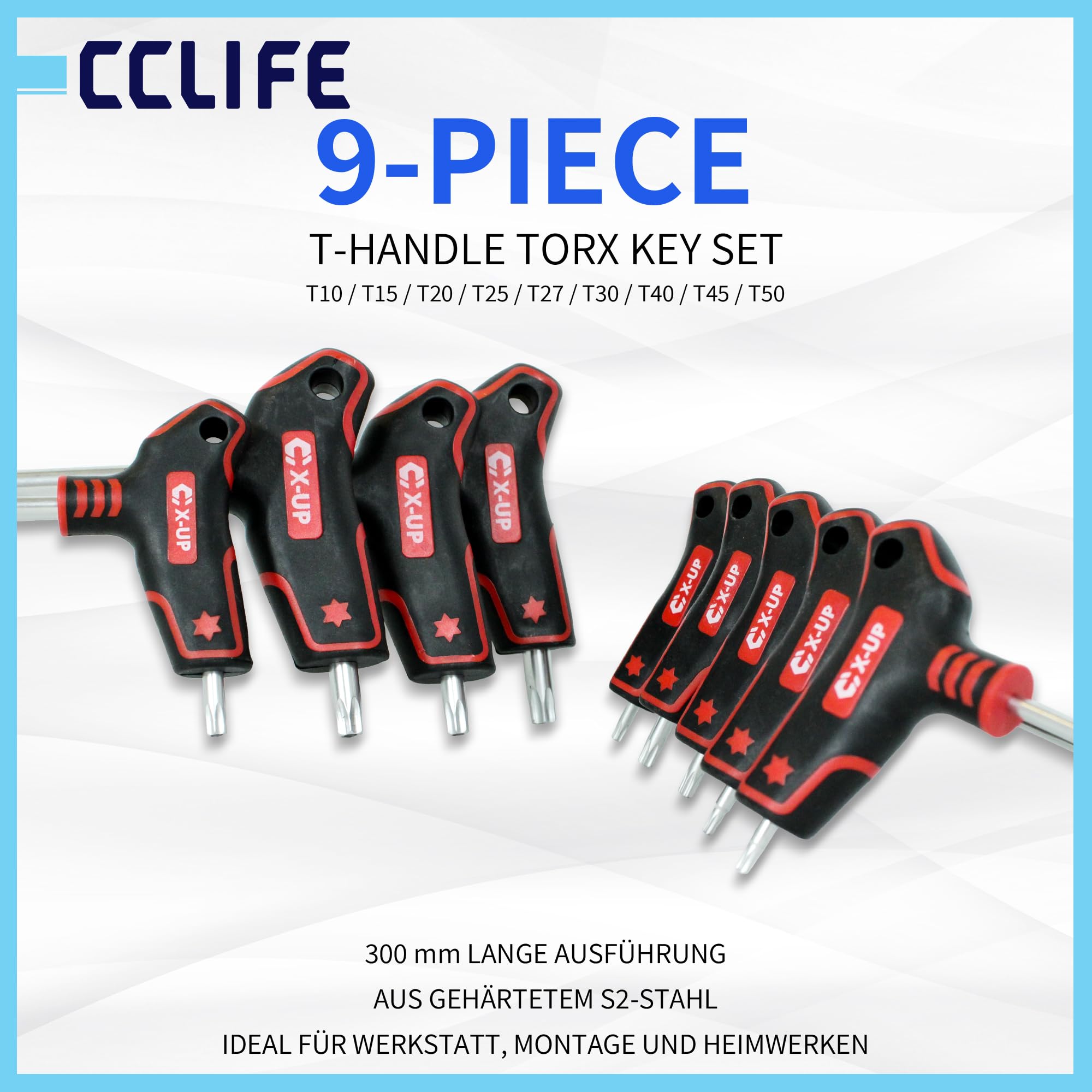 CCLIFE Torx zestaw kluczy z uchwytem T T10-T50 Torx 9-częściowy | 300 mm długości, stal S2, konstrukcja z dwoma końcówkami, narzędzie do naprawy roweru samochodowego