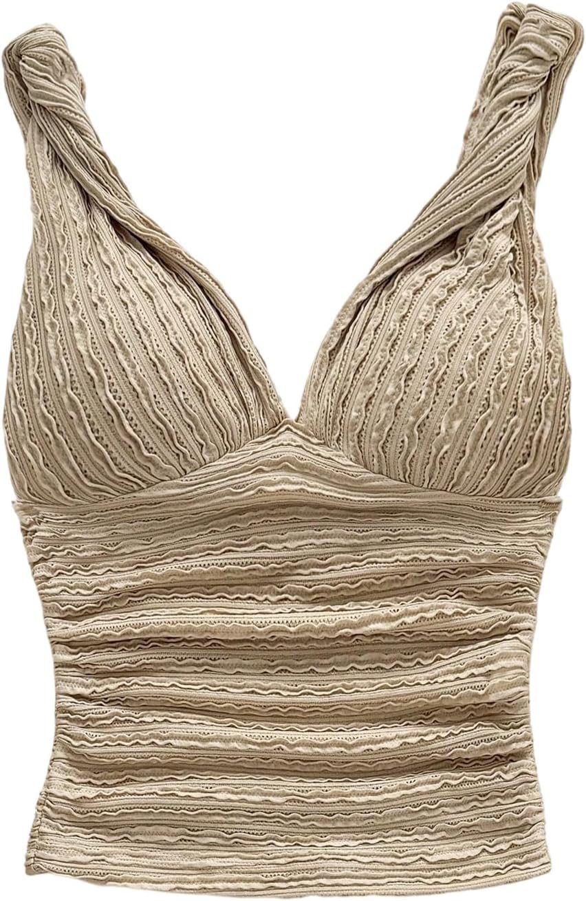 GORGLITTER Women's V Neck Ruched Knit Tank Tops Textured Twist Strap Slim Fit Summer Top