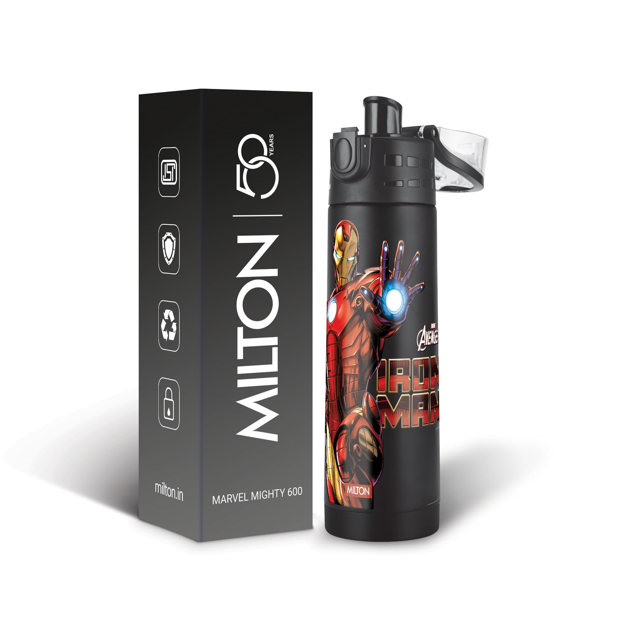 Milton Marvel Mighty 600 Thermosteel ISI Certified Water Bottle, 500 ml Stainless Steel, Long Hours Hot and Cold, Leak Proof, Vacuum Insulation, for Office, School, Gym, Black Iron MAN