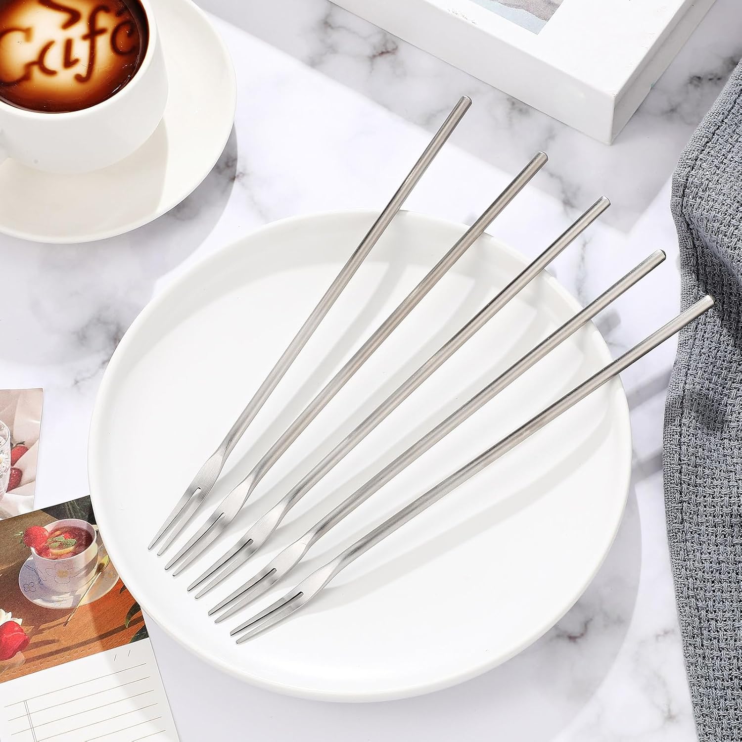 Yexiya 5 Pcs Pickle Forks for Olive Cocktail Jar, Long Handle, Silver