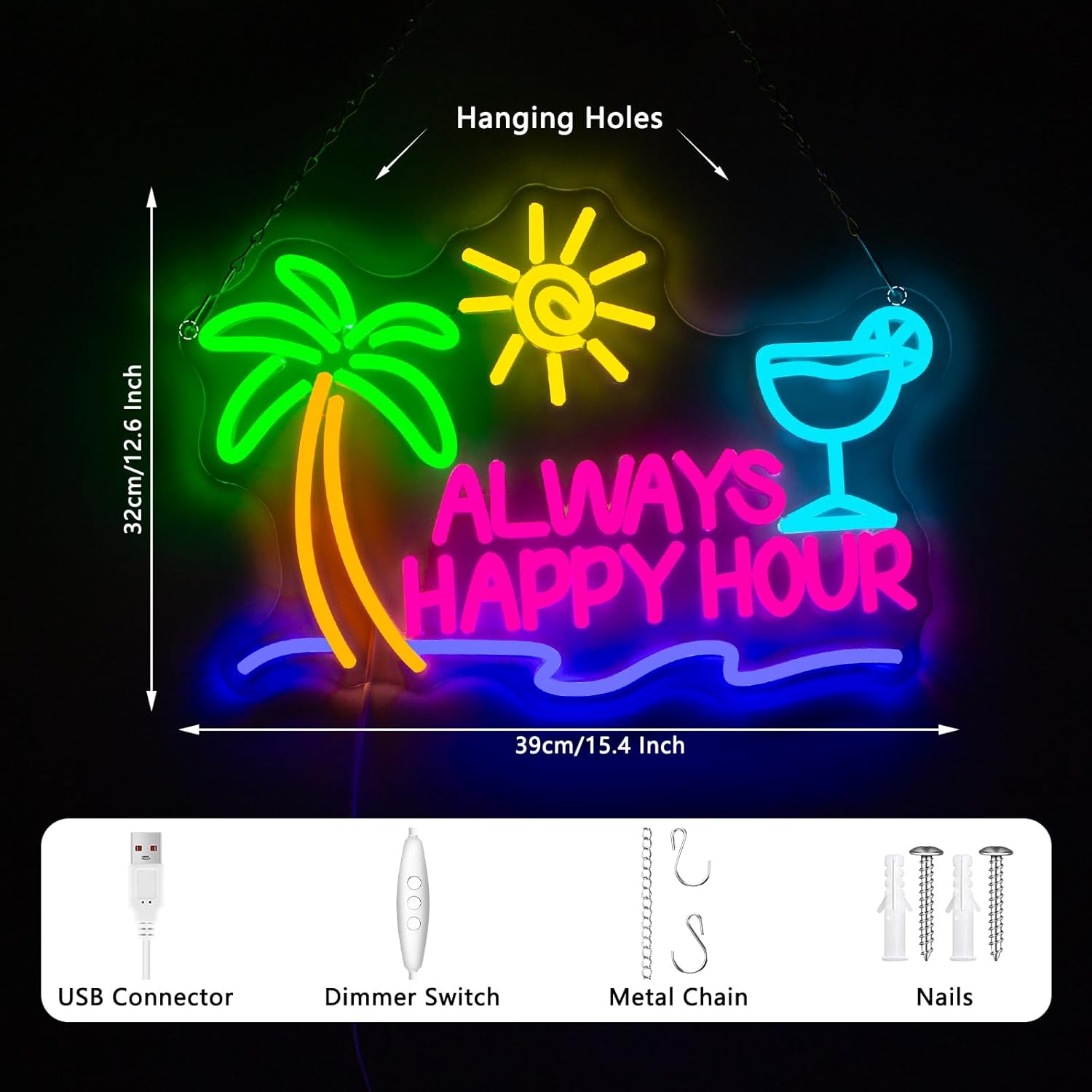 Always Happy Hour Neon Sign, Dimmables Beach Neon Signs for Wall Decor, Palm Tree Led Light Up Signs for Bedroom Bar Club Pub Man Cave Restaurant Party Decorations