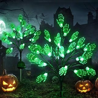 Homeleo 2Pack Solar Halloween Lights Outdoor, 20 LED Green Scary Spooky Skeleton Hands Stake Lights for Outside Halloween Decorations,Light up Ghost Skull Hand Tree for Halloween Yard Tombstones Decor