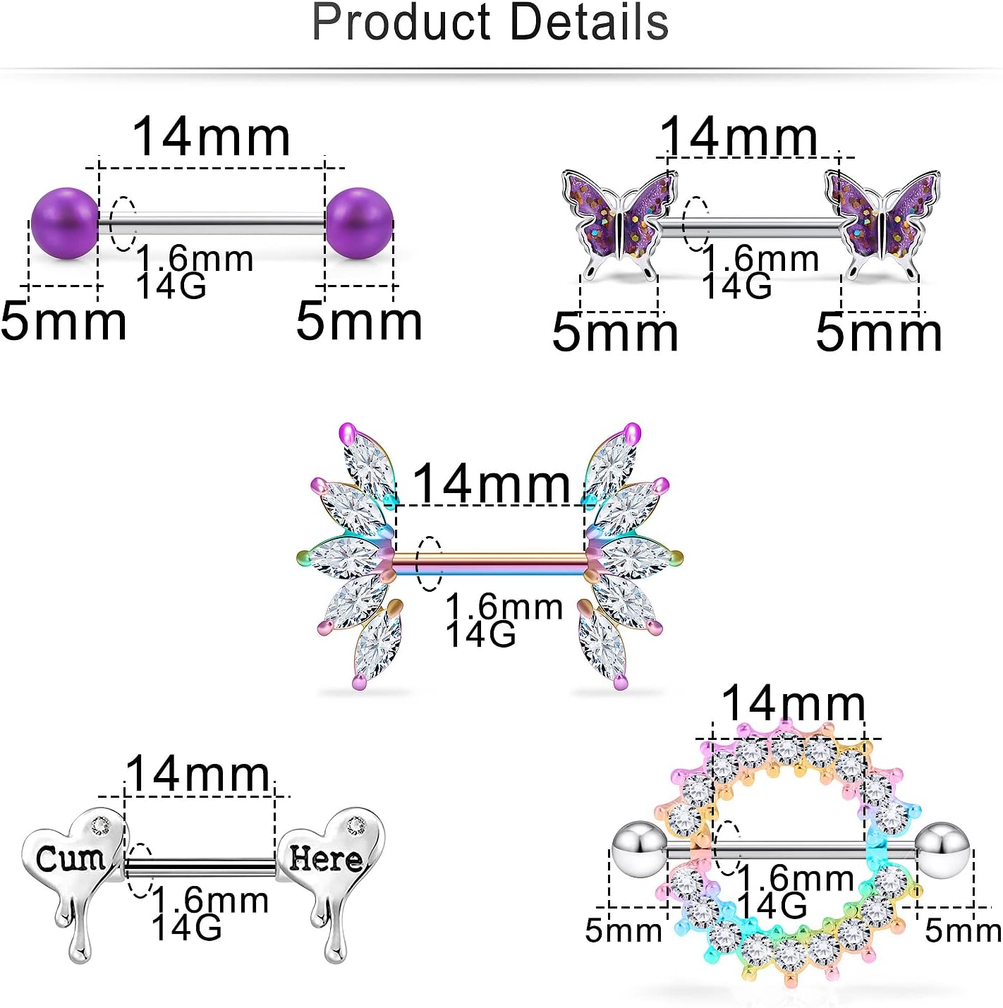 Cisyozi Butterfly Nipple Rings 14G Nipple Piercing Jewelry Stainless Steel Nipple Tongue Ring Barbell Piercing Jewelry for Women 14mm Silver Black Purple Rose Gold 7Pairs - Image 5